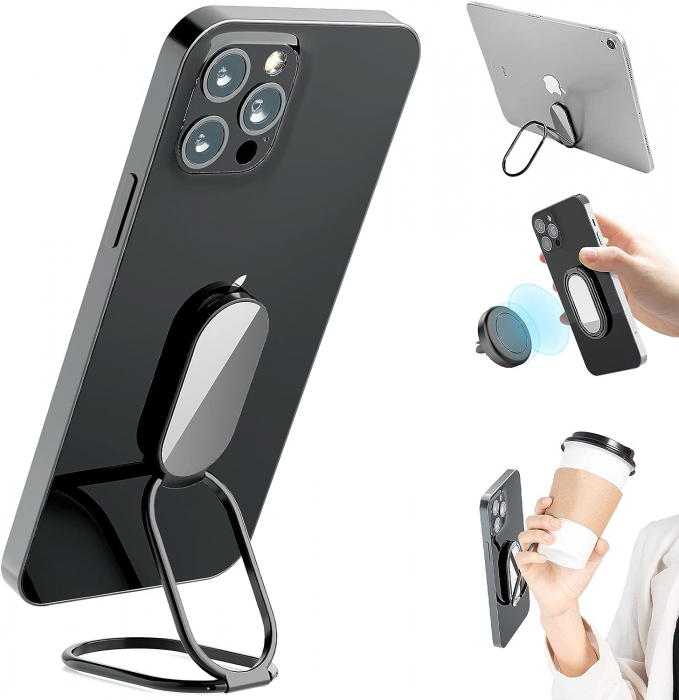 Inel pentru telefon cu suport magnetic, compact, cu functia stand de birou si agatatoare, adeziv 3M, rotativ 360⁰, universal, negru/argintiu/roz [1]