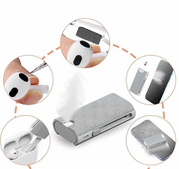 Kit de curatare 5 in 1 pentru AirPods, Earbuds, casti wireless, smartphone, tastatura, bord masina, Ideas4comfort, universal, gri [5]