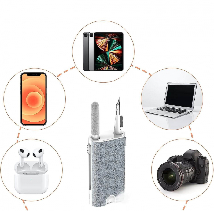 Kit de curatare 5 in 1 pentru AirPods, Earbuds, casti wireless, smartphone, tastatura, bord masina, Ideas4comfort, universal, gri [8]