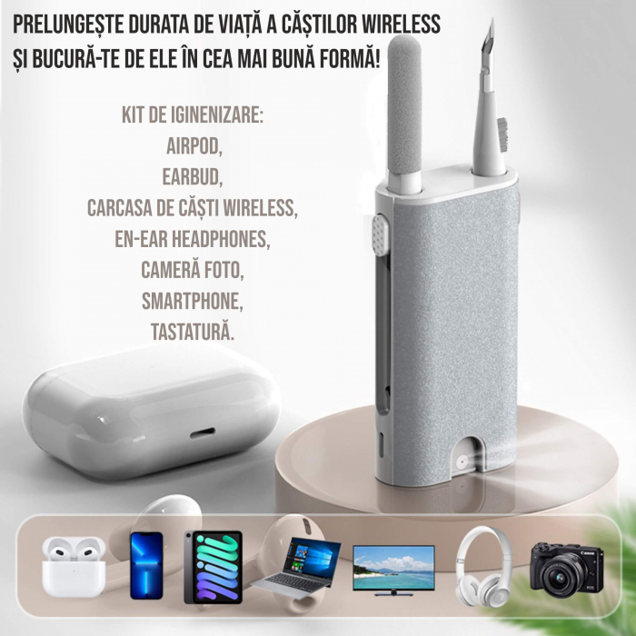 Kit de curatare 5 in 1 pentru AirPods, Earbuds, casti wireless, smartphone, tastatura, bord masina, Ideas4comfort, universal, gri [9]
