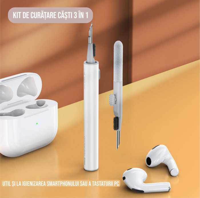 Kit de curatare casti 3 in 1 pentru AirPods, Earbuds, casti wireless, smartphone, Ideas4comfort, universal, alb [6]