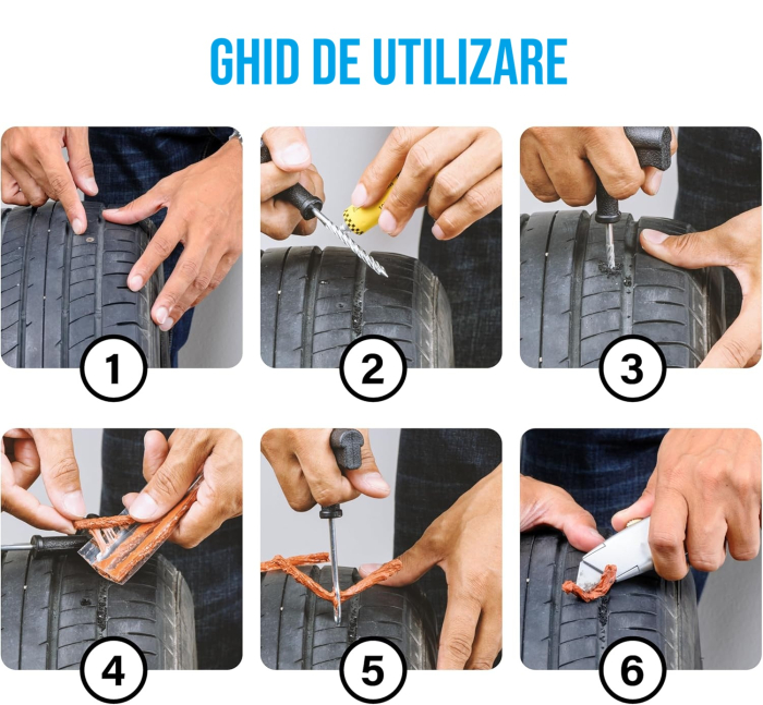 Kit reparatie pana roata tubeless, manere T ergonomice, snururi vulcanizante, set reparatie anvelope tubeless pentru auto, include manusi si capace valva [4]
