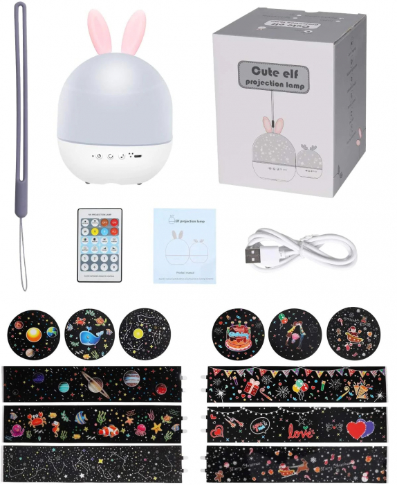 Lampa cu BLUETOOTH, muzicala, pentru copii, cu proiector, telecomanda, portabila cu LEDuri multicolore, Ideas4Comfort, USB, Iepruas, alb [2]