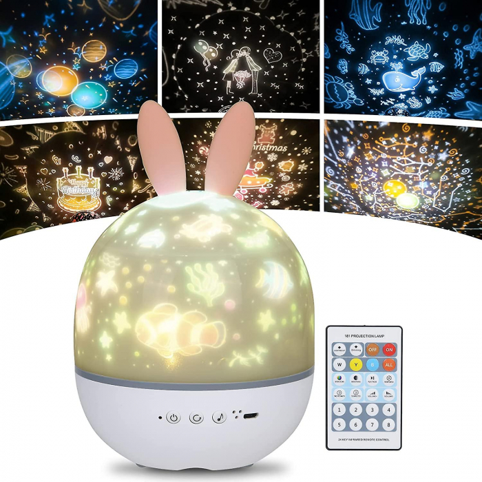 Lampa cu BLUETOOTH, muzicala, pentru copii, cu proiector, telecomanda, portabila cu LEDuri multicolore, Ideas4Comfort, USB, Iepruas, alb [3]