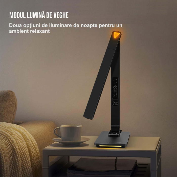 Lampa de birou cu incarcarcator wireless pentru telefon iOs si Android, afisaj ora, data, temperatura, 5 moduri de lumina, 5 intensitati, control tactil, 2 lumini de veghe, negru [5]