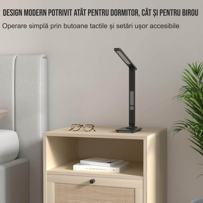 Lampa de birou cu incarcarcator wireless pentru telefon iOs si Android, afisaj ora, data, temperatura, 5 moduri de lumina, 5 intensitati, control tactil, 2 lumini de veghe, negru [7]