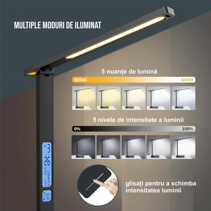 Lampa de birou cu incarcarcator wireless pentru telefon iOs si Android, afisaj ora, data, temperatura, 5 moduri de lumina, 5 intensitati, control tactil, 2 lumini de veghe, negru [6]