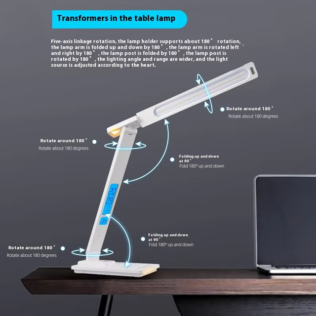 Lampa de birou cu incarcarcator wireless pentru telefon iOs si Android, afisaj ora, data, temperatura, 5 moduri de lumina, 5 intensitati, control tactil, 2 lumini de veghe, negru [11]