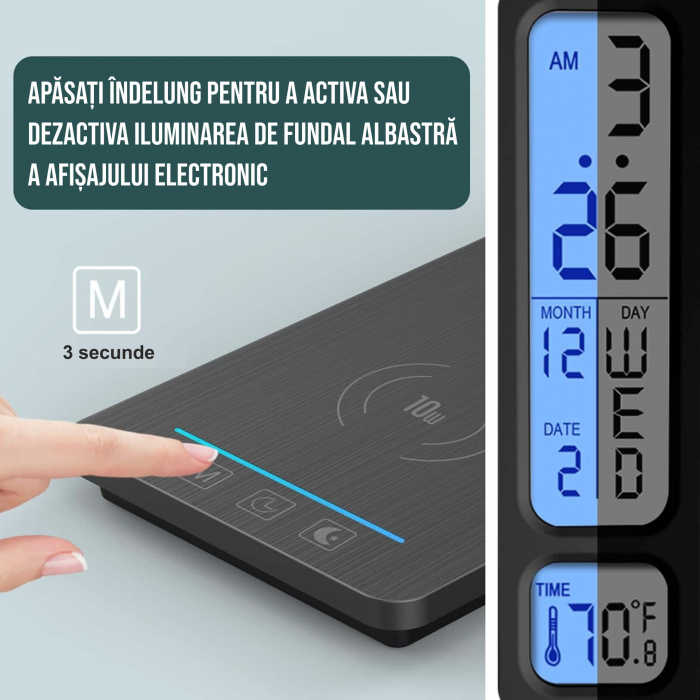 Lampa de birou cu incarcarcator wireless pentru telefon iOs si Android, afisaj ora, data, temperatura, 5 moduri de lumina, 5 intensitati, control tactil, 2 lumini de veghe, negru [3]