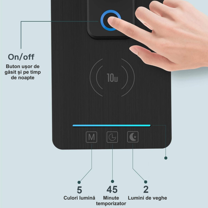 Lampa de birou cu incarcarcator wireless pentru telefon iOs si Android, afisaj ora, data, temperatura, 5 moduri de lumina, 5 intensitati, control tactil, 2 lumini de veghe, negru [4]
