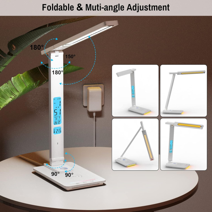 Lampa de birou cu incarcarcator wireless pentru telefon iOs si Android, afisaj ora, data, temperatura, 5 moduri de lumina, 5 intensitati, control tactil, 2 lumini de veghe, negru [14]