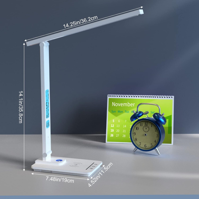 Lampa de birou cu incarcarcator wireless pentru telefon iOs si Android, afisaj ora, data, temperatura, 5 moduri de lumina, 5 intensitati, control tactil, 2 lumini de veghe, negru [13]