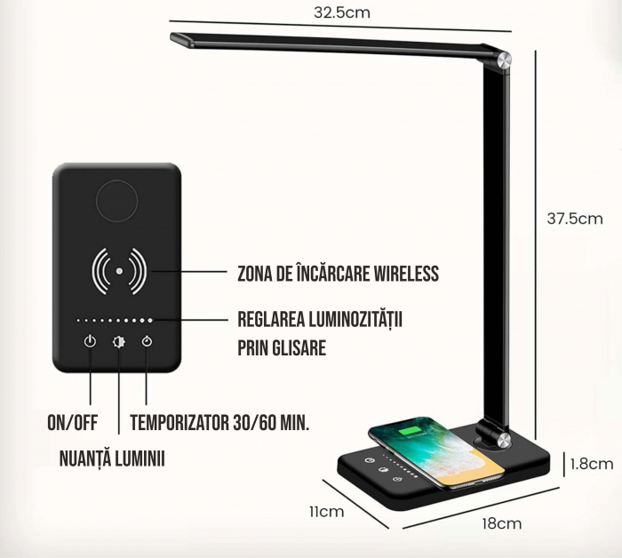 Lampa de birou LED cu incarcare wireless pentru iOs si Android, pliabila, touch control, 5 moduri lumina rece/calda cu 10 intensitati, mufa USB, temporizator 30/60 minute, negru [3]