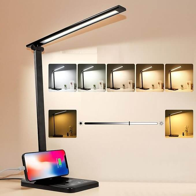 Lampa de birou LED cu incarcare wireless pentru iOs si Android, pliabila, touch control, 5 moduri lumina rece/calda cu 10 intensitati, mufa USB, temporizator 30/60 minute, negru [2]