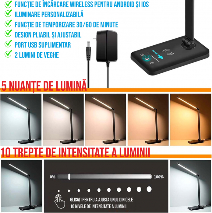 Lampa de birou LED cu incarcare wireless pentru iOs si Android, pliabila, touch control, 5 moduri lumina rece/calda cu 10 intensitati, mufa USB, temporizator 30/60 minute, negru [4]