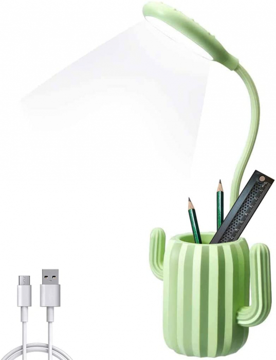 Lampa de birou pentru copii, cu suport de pixuri, LED, senzor tactil, 3 nivele de luminozitate, portabila, USB, Cactus, verde [1]