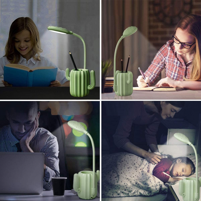 Lampa de birou pentru copii, cu suport de pixuri, LED, senzor tactil, 3 nivele de luminozitate, portabila, USB, Cactus, verde [11]