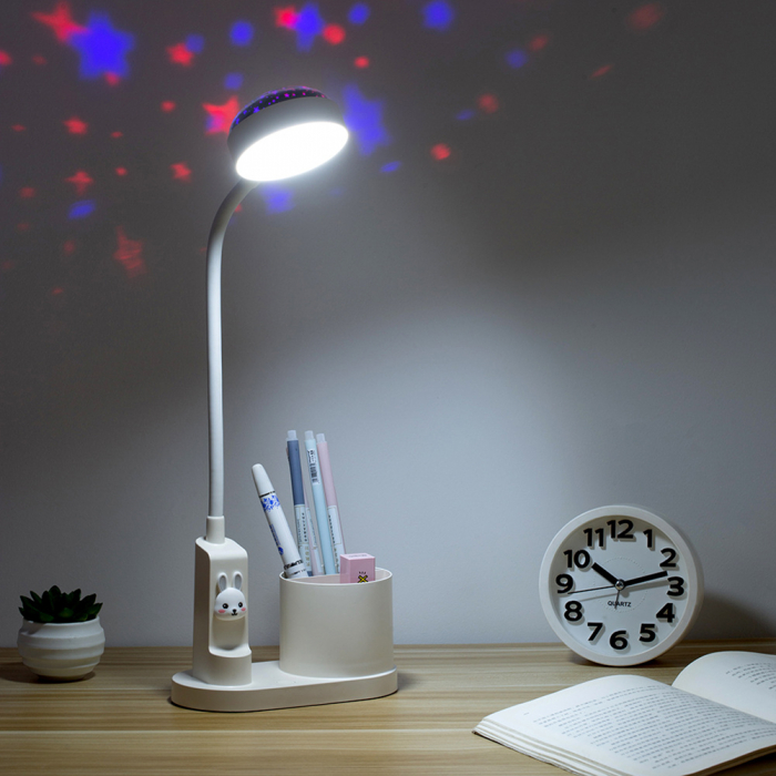 Lampa de birou pentru copii LED 2000 mAh, portabila si USB reincarcabila, cu suport instrumente birou si cu proiector, (alb/roz) [9]