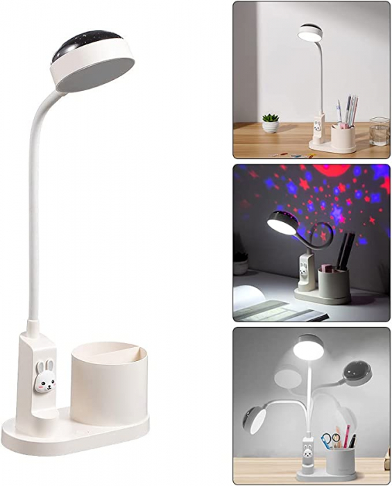 Lampa de birou pentru copii LED 2000 mAh, portabila si USB reincarcabila, cu suport instrumente birou si cu proiector, (alb/roz) [11]