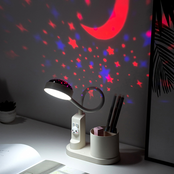 Lampa de birou pentru copii LED 2000 mAh, portabila si USB reincarcabila, cu suport instrumente birou si cu proiector, (alb/roz) [6]