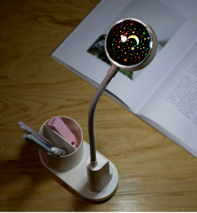 Lampa de birou pentru copii LED 2000 mAh, portabila si USB reincarcabila, cu suport instrumente birou si cu proiector, (alb/roz) [10]