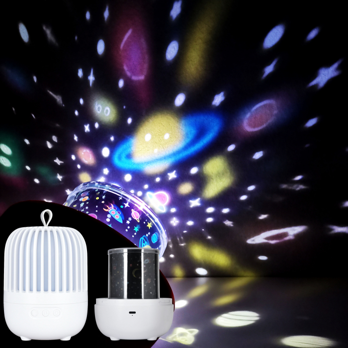 Lampa de veghe muzicala rotativa pentru copii, portabila, cu proiector, LED 3 culori, lumina reglabila, 3 filme de proiectie color, reincarcabila USB, 8 melodii, Ideas4Comfort, alb [11]