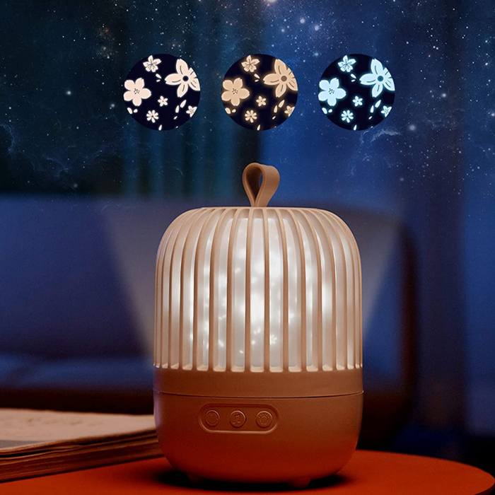 Lampa de veghe muzicala rotativa pentru copii, portabila, cu proiector, LED 3 culori, lumina reglabila, 3 filme de proiectie color, reincarcabila USB, 8 melodii, Ideas4Comfort, (alb/roz) [10]