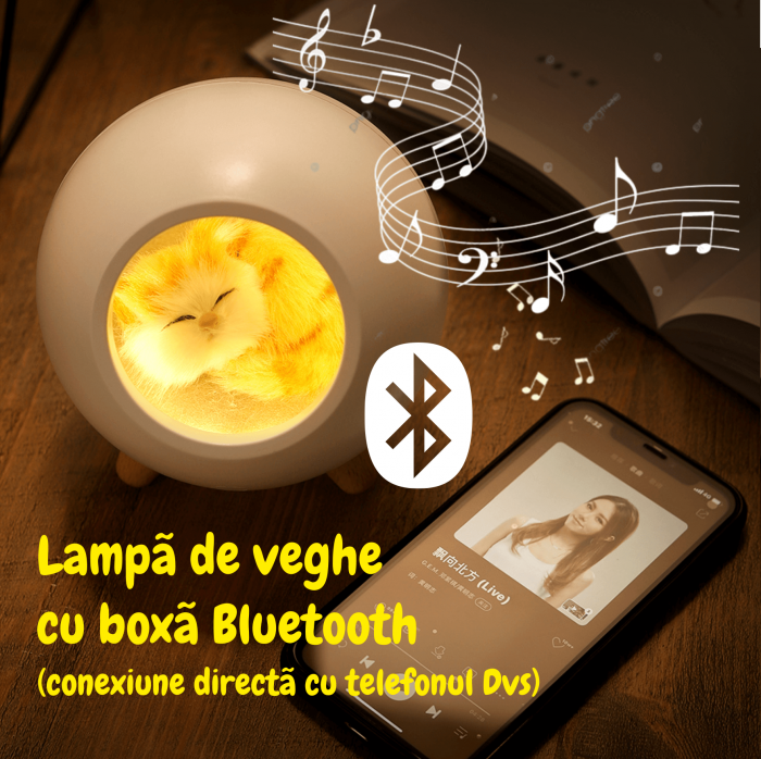 Lampa de veghe pentru copii cu boxa bluetooth, portabila, LED, Ideas4Comfort, reincarcabila USB, Casuta Pisicii - 3 culori [12]