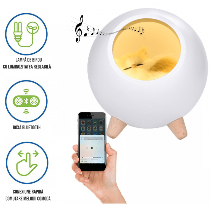 Lampa de veghe pentru copii cu boxa bluetooth, portabila, LED, Ideas4Comfort, reincarcabila USB, Casuta Pisicii - 3 culori [3]