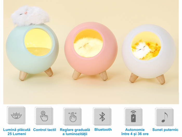 Lampa de veghe pentru copii cu boxa bluetooth, portabila, LED, Ideas4Comfort, reincarcabila USB, Casuta Pisicii - 3 culori [9]