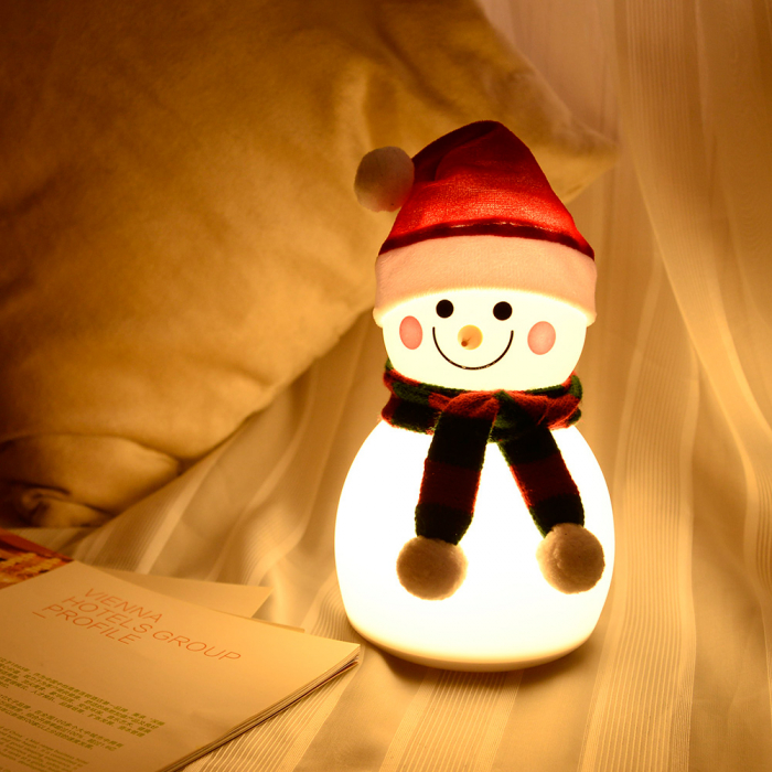 Lampa de veghe pentru copii, portabila, silicon BPA-free, 7 culori de LEDuri, reincarcabila USB, touch control, Om de Zapada cu fes [2]