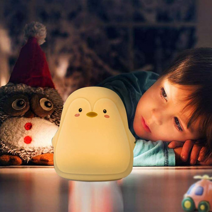 Lampa de veghe portabila cu 7 culori de LEDuri, Ideas4Comfort, silicon BPA-free, lavabila, reincarcabila USB, touch-control, Pinguin [15]