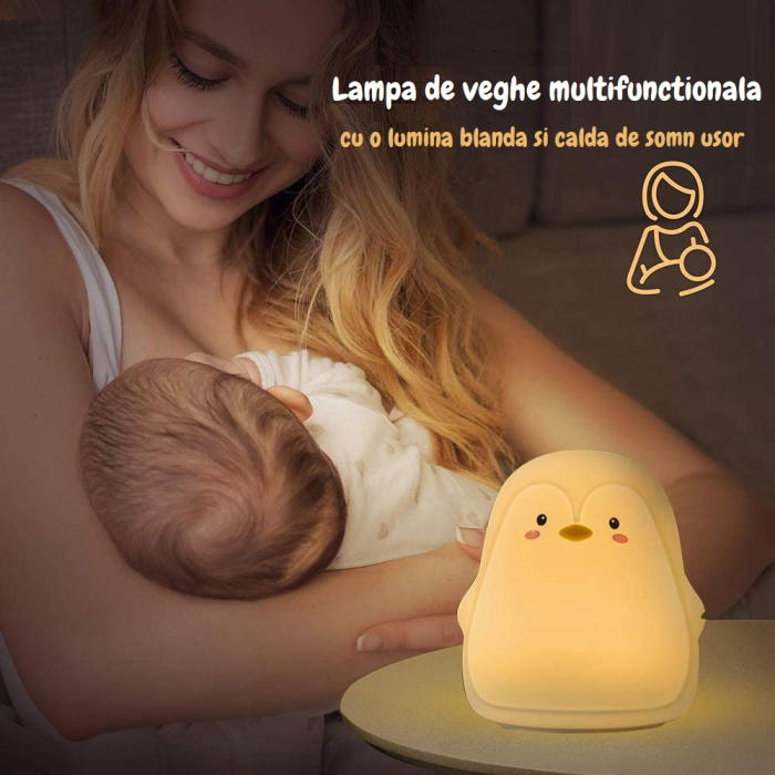 Lampa de veghe portabila cu 7 culori de LEDuri, Ideas4Comfort, silicon BPA-free, lavabila, reincarcabila USB, touch-control, Pinguin [4]