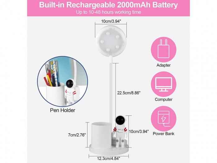 Lampa de birou pentru copii, cu proiector, si cu suport instrumente birou, LED, portabila si USB reincarcabila, Astronaut (roz/alb) [5]