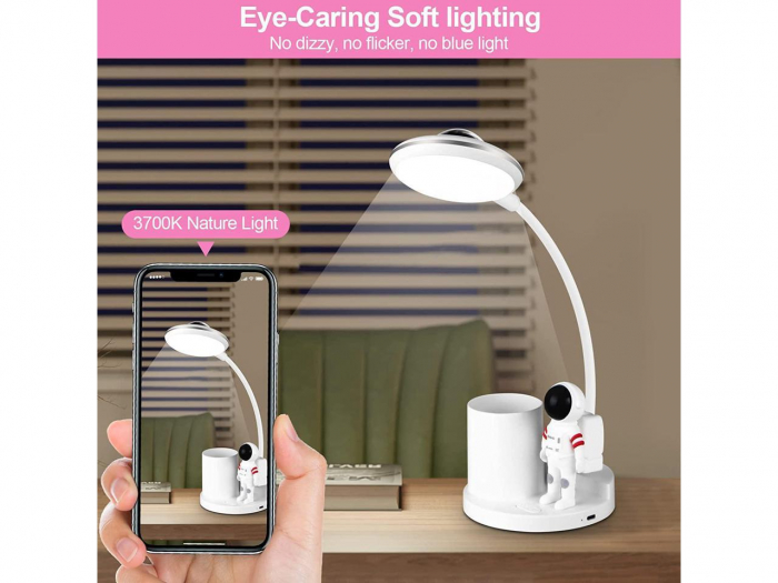 Lampa de birou pentru copii, cu proiector, si cu suport instrumente birou, LED, portabila si USB reincarcabila, Astronaut (roz/alb) [3]