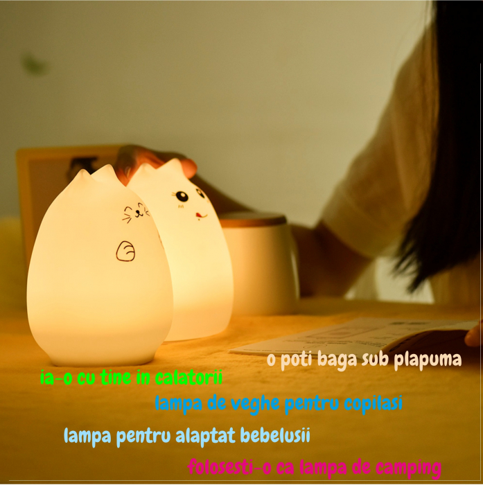 Lampa de veghe portabila cu 7 culori de LEDuri, silicon BPA-free, reincarcabila USB, touch-control, lampa de noapte Pisica Zambareata [5]