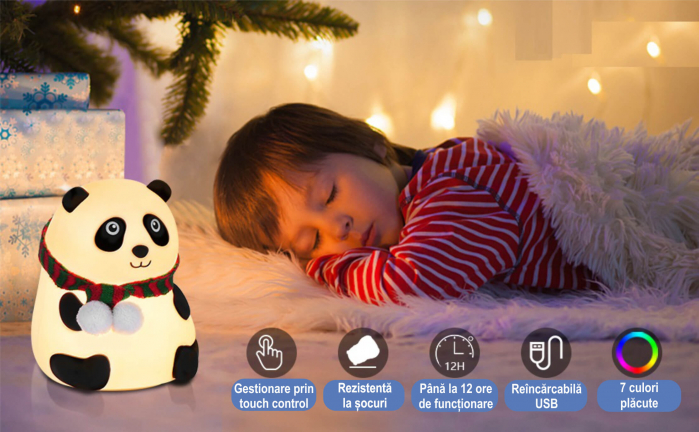 Lampa de veghe portabila cu 7 culori de LEDuri, silicon BPA-free, reincarcabila USB, sensor tactil touch-control, lampa de noapte Ursuletul Panda [7]
