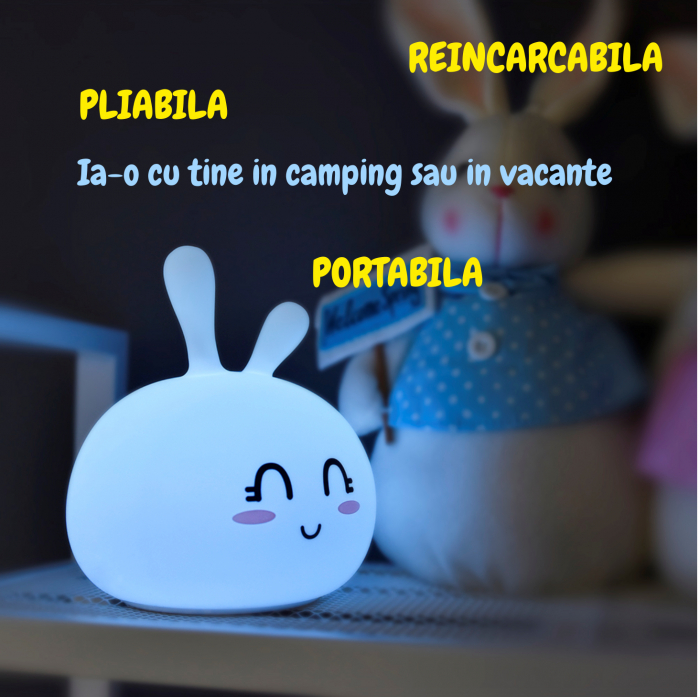 Lampa de veghe portabila cu 7 culori de LEDuri, silicon BPA-free, USB, touch-control, lampa de noapte Iepurasul Vesel [5]