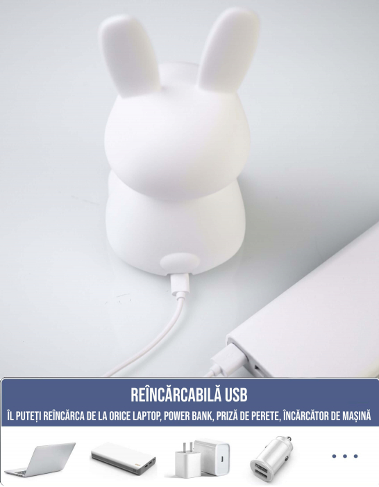 Lampa de veghe portabila cu 7 culori LED, temporizator 3 ore, silicon BPA-free, reincarcabila USB, touch-control, lampa de noapte, Iepuras. [7]