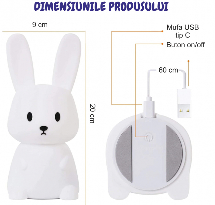 Lampa de veghe portabila cu 7 culori LED, temporizator 3 ore, silicon BPA-free, reincarcabila USB, touch-control, lampa de noapte, Iepuras. [3]