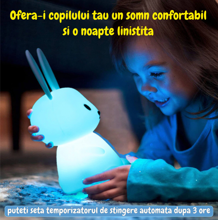 Lampa de veghe portabila cu 7 culori LED, temporizator 3 ore, silicon BPA-free, reincarcabila USB, touch-control, lampa de noapte, Iepuras. [11]