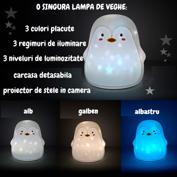 Lampa de veghe portabila Pinguin, LED 3 culori, incarcare USB, reglabila. [3]