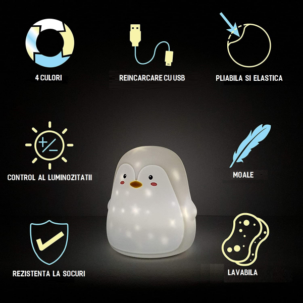 Lampa de veghe portabila Pinguin, LED 3 culori, incarcare USB, reglabila. [4]