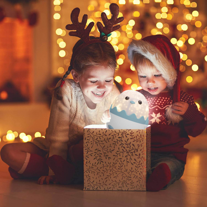 Lampa muzicala pentru copii cu proiector si cu telecomanda si Bluetooth, portabila cu LEDuri multicolore, telecomanda, USB, Pinguin (albastru/roz) [11]