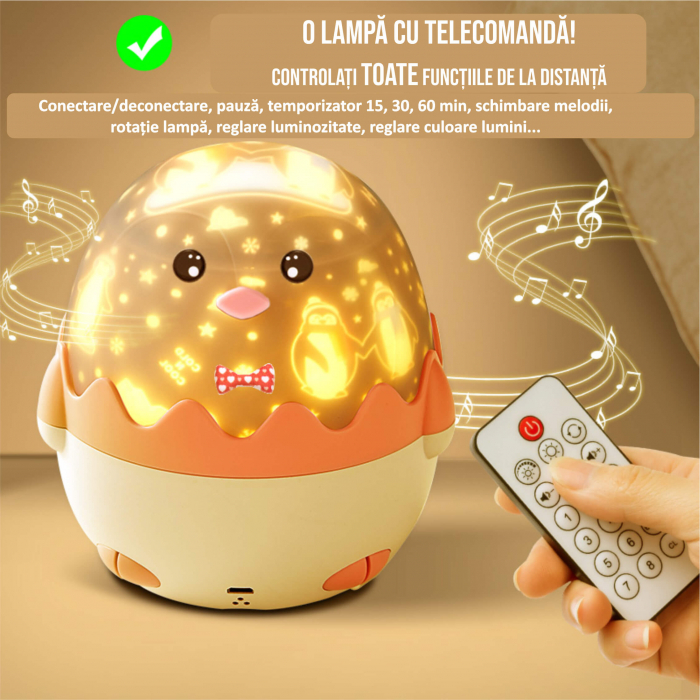 Lampa muzicala pentru copii cu proiector si cu telecomanda si Bluetooth, portabila cu LEDuri multicolore, telecomanda, USB, Pinguin (albastru/roz) [7]