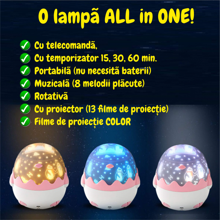 Lampa muzicala pentru copii cu proiector si cu telecomanda si Bluetooth, portabila cu LEDuri multicolore, telecomanda, USB, Pinguin (albastru/roz) [3]