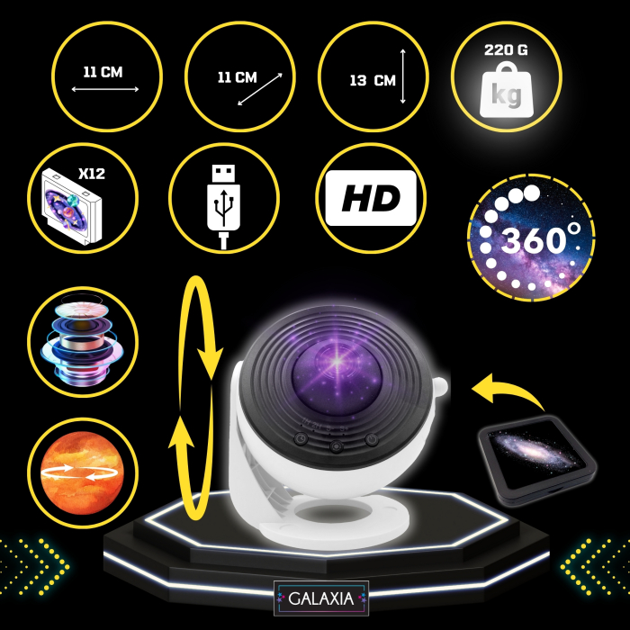 Lampa proiector Cosmic HD, lampa de veghe copii, rotativa 360°, focus reglabil, temporizator, proiector stele copii cu 12 discuri proiectie cosmice [3]