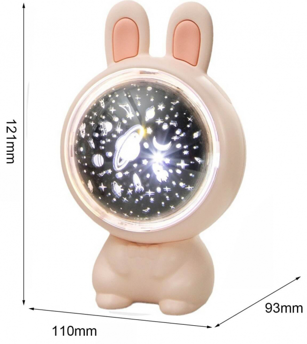 Lampa proiector portabila pentru copii, cu LED si melodii, Ideas4Comfort, 3 culori lumina reglabila, 3 filme de proiectie, reincarcabila USB, Iepuras, roz [2]