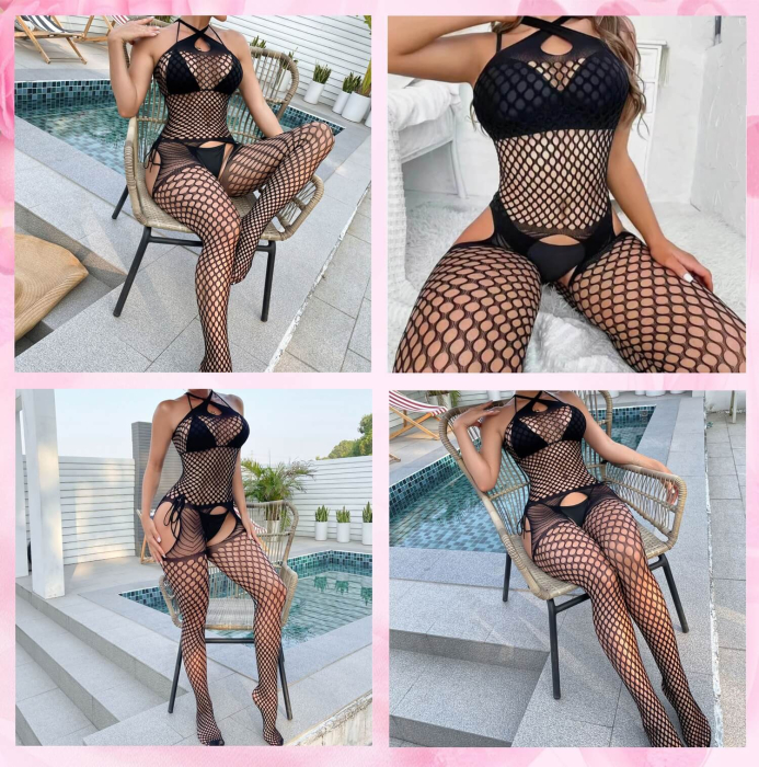 Lenjerie erotica costum sexy din plasa elastica cu romburi largi, poliamida, marime universala, cu masca dantelata si panglica satinata de ochi incluse [2]