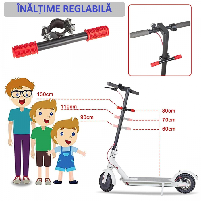 Maner ghidon suplimentar trotineta, scuter, 23 cm, reglabil, mansoane din silicon, ghidon de copil pentru trotineta, Ideas4Comfort, rosu [5]